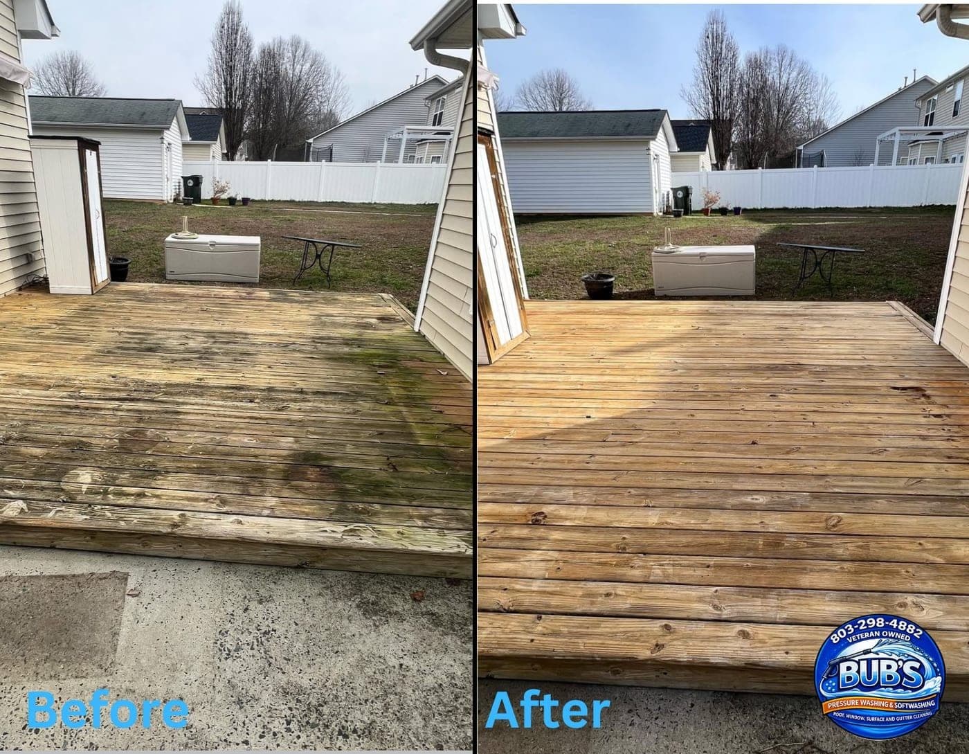Before and after wood deck cleaning at an Irmo, SC home — algae and mold removed