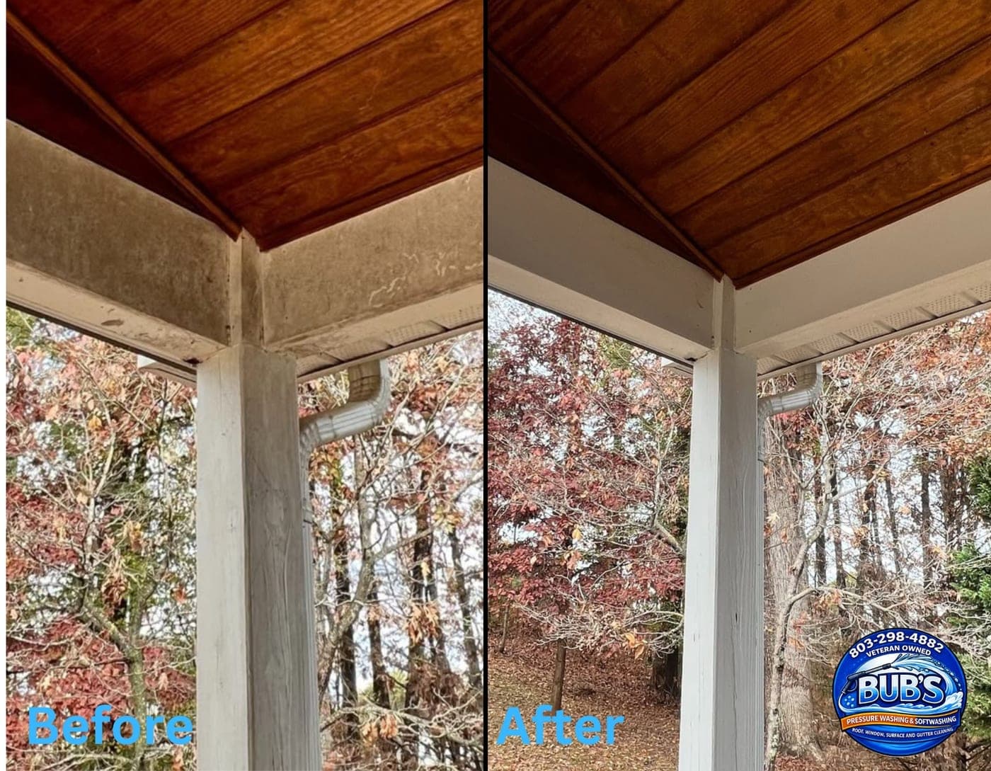 Before and after porch ceiling and soffit cleaning in Cayce, SC