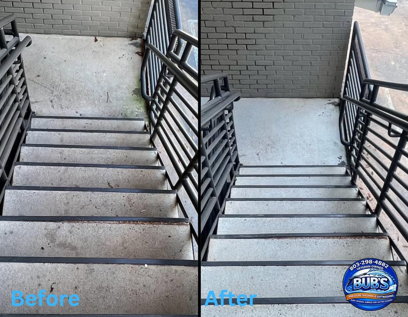 Before and after concrete staircase pressure washing at an Elgin, SC home