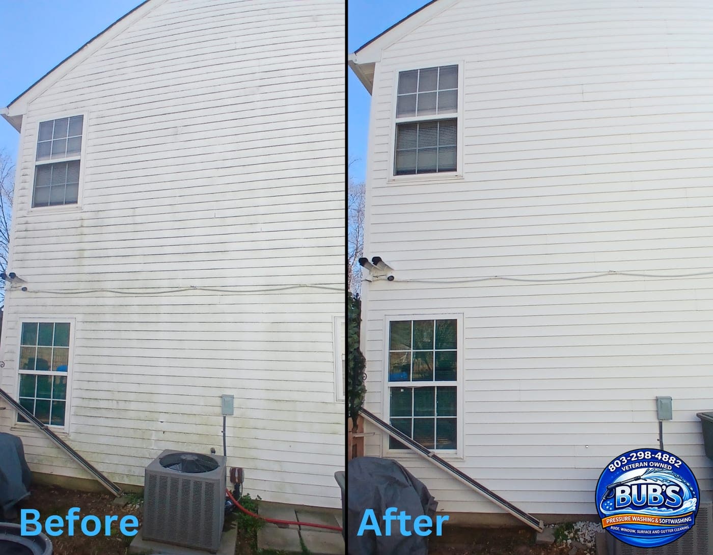 Before and after house washing — vinyl siding cleaned