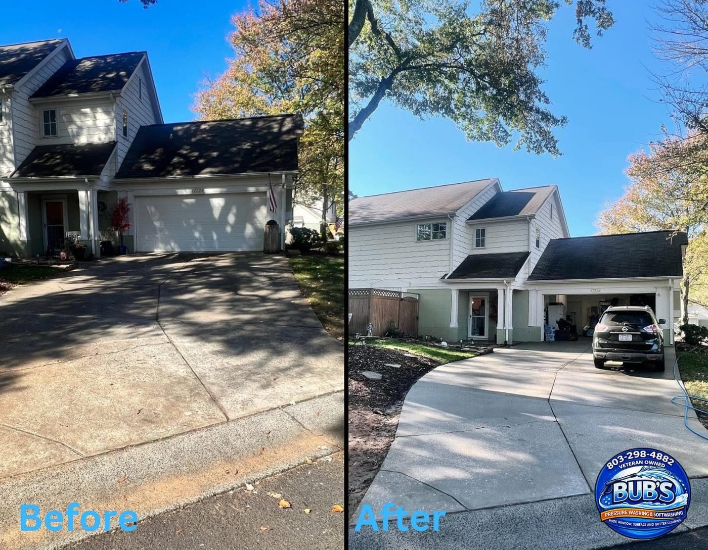 Before and after driveway and exterior cleaning on a Columbia, SC property