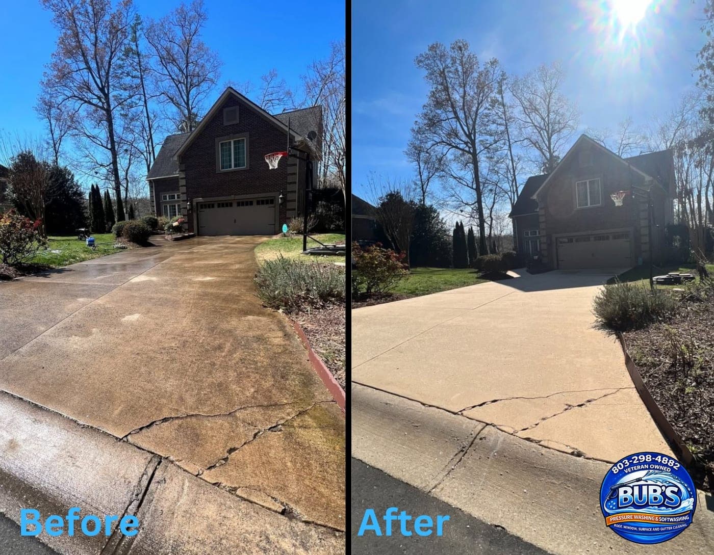 Before and after large driveway pressure washing at a Lake Murray, SC home