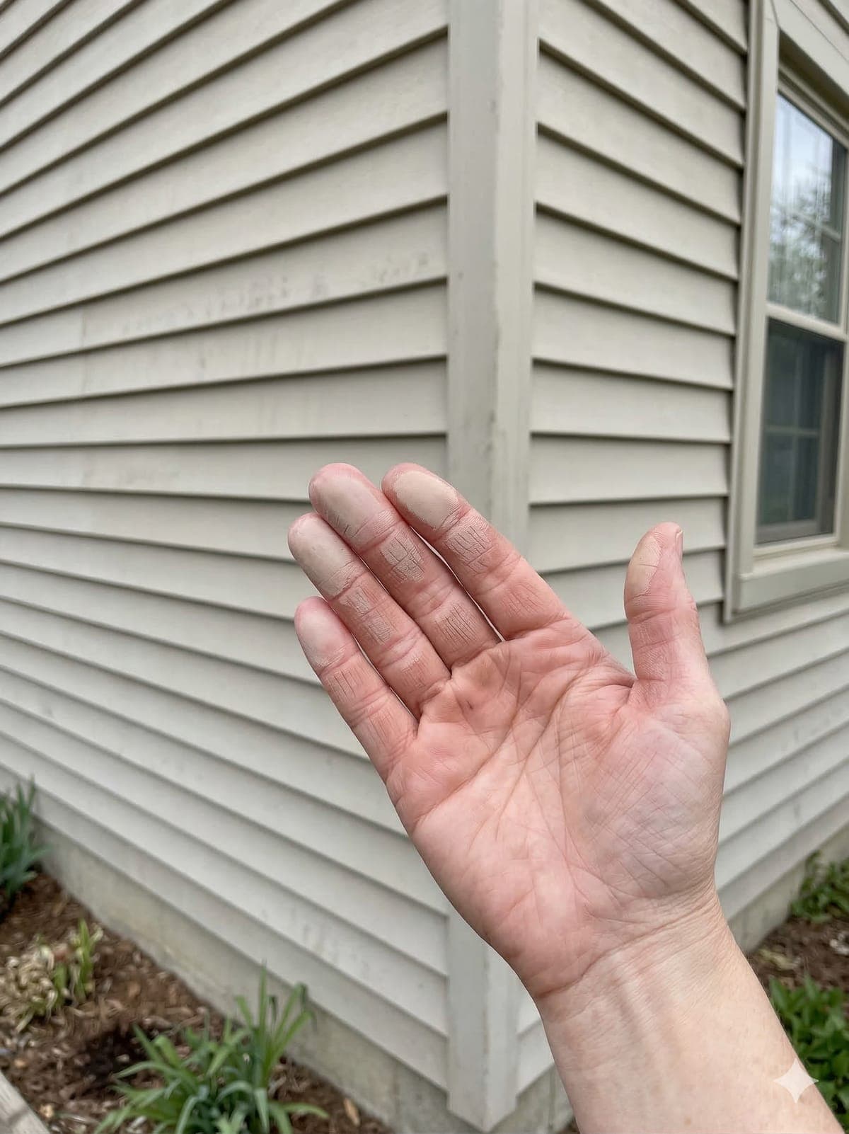 Oxidation residue on hand from a Lake Murray, SC vinyl siding showing the need for deoxidization