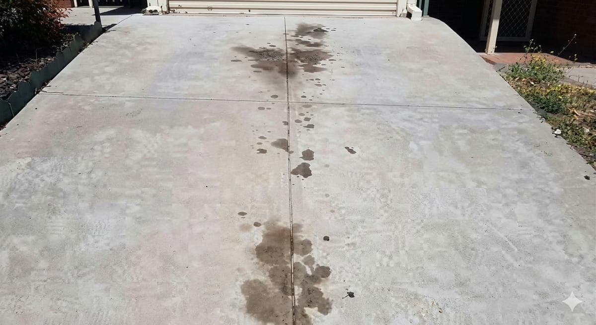Oil stains on a concrete driveway in Irmo, SC before professional removal